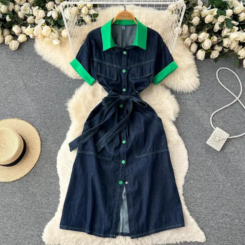 

WEIHAOBANG 2022 Summer Women New Denim Single Breasted Lapel Short Sleeve Lace Up High Waist Slim Fit Medium Length A-line Skirt