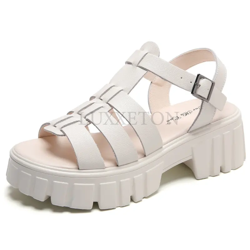 

5.5CM Increase Women Sandals Genuine Leather Summer Clip Toe Sandals Ladies Roman Platform Heels Women Shoes Muffin Sandals