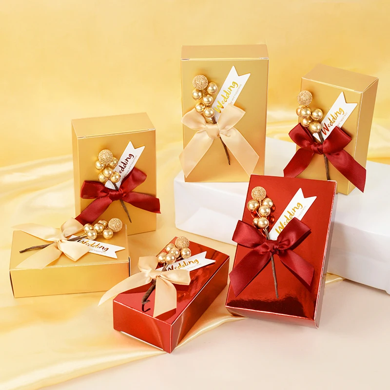

5pcs Wedding Candy Box Gold Red Gift Packaging Bags Chocolate Snacks Paper Boxes for Wedding Birthday Party Favors Decorations