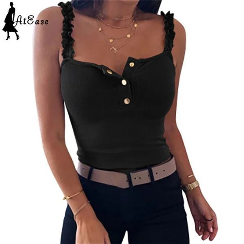 

T-shirt for Women Solid Color Sport Gym Skinny Concise Top V-neck Sleeveless Button Summer Sexy T-shirt