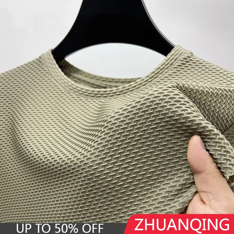 

Korean Fashion Ice Silk Breathable Short Sleeved T-shirts Men O Neck Summer Thin Mesh Loose Tops Elasticity T Shirt Luxury Brand