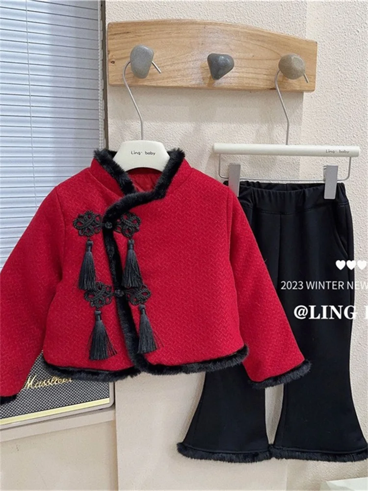 Little Girl Hanfu Set Chinese Sle Winter New Year Greeting Clothes Thickened Top Fleece-lined Trumpet pants Western T...