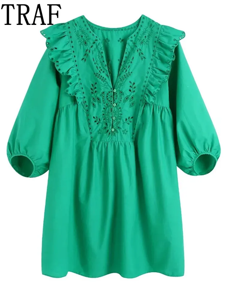 

TRAF Embroidery Green Dress Woman Ruffle Cut Out Dress Women 2022 Poplin Puff Sleeve Short Dresses Mini Loose Causal Dresses