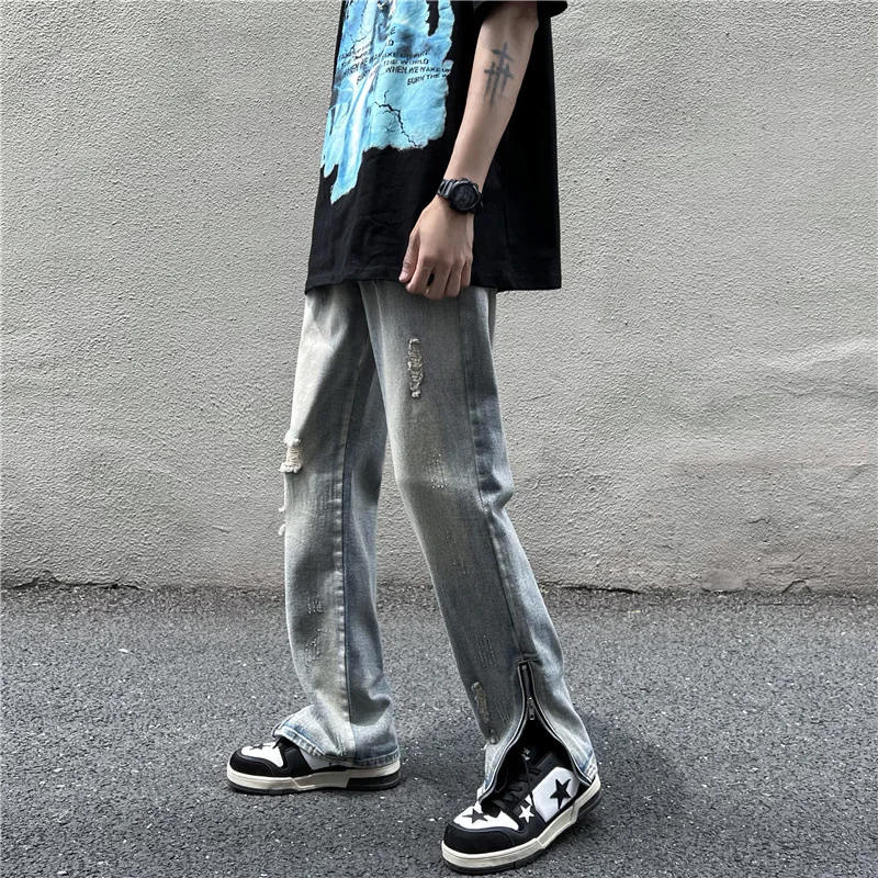 jeans for men Four Seasons Korean Fashion Half Zipper Split Trousers Hip Hop Straight Wide Leg Casual Pants  Blue Baggy Jeans