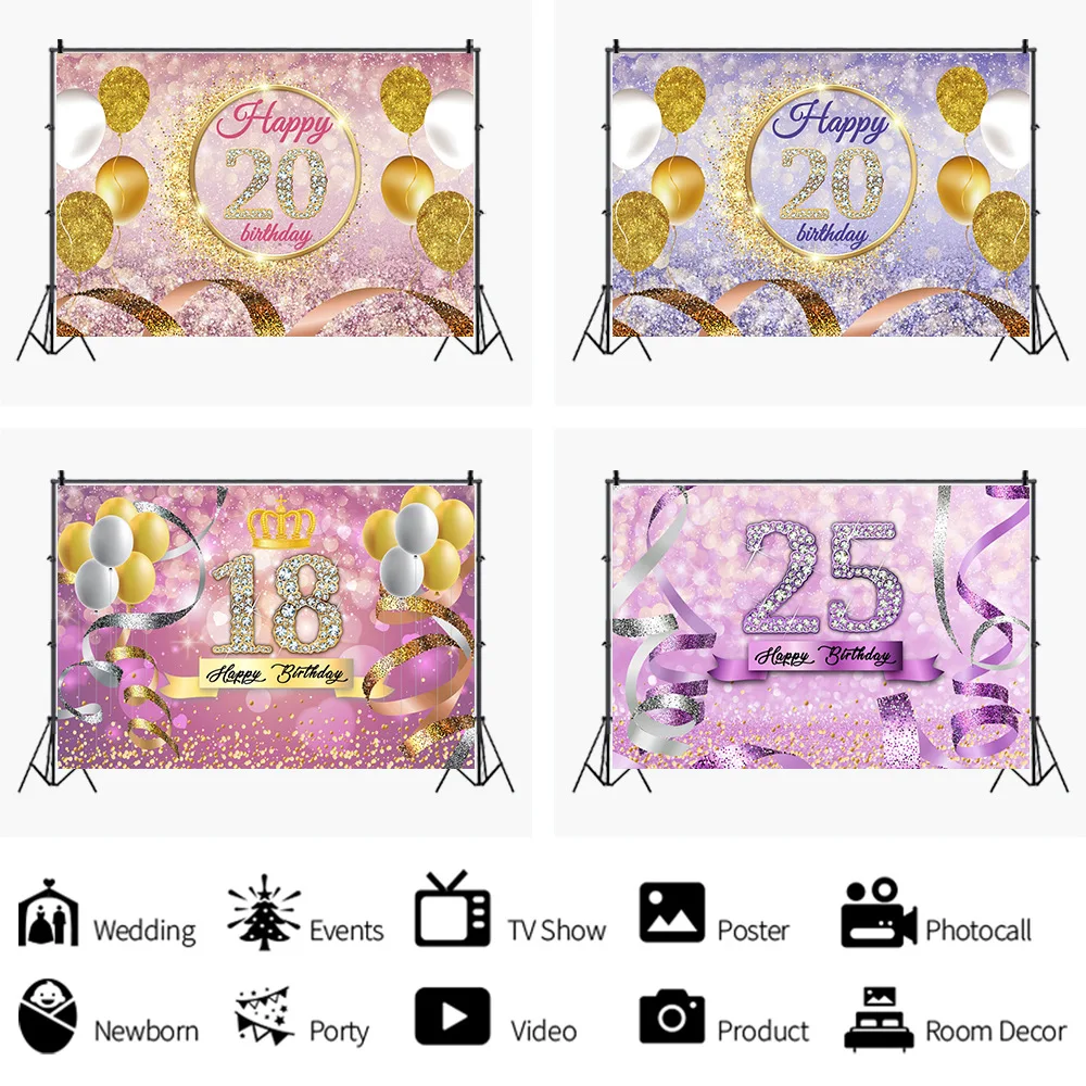 

Rose Gold Purple Photography Diamond Backdrops Happy Birthday Party Decor Background Poster for Girl's Birthday Gift