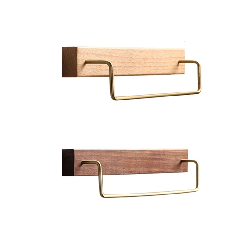 

N58C Simple Towel Bar Bathroom Storage Shelf Wall Mounted Towel Holder Brass & Wooden Towel Rack Waterproof Home Organizers
