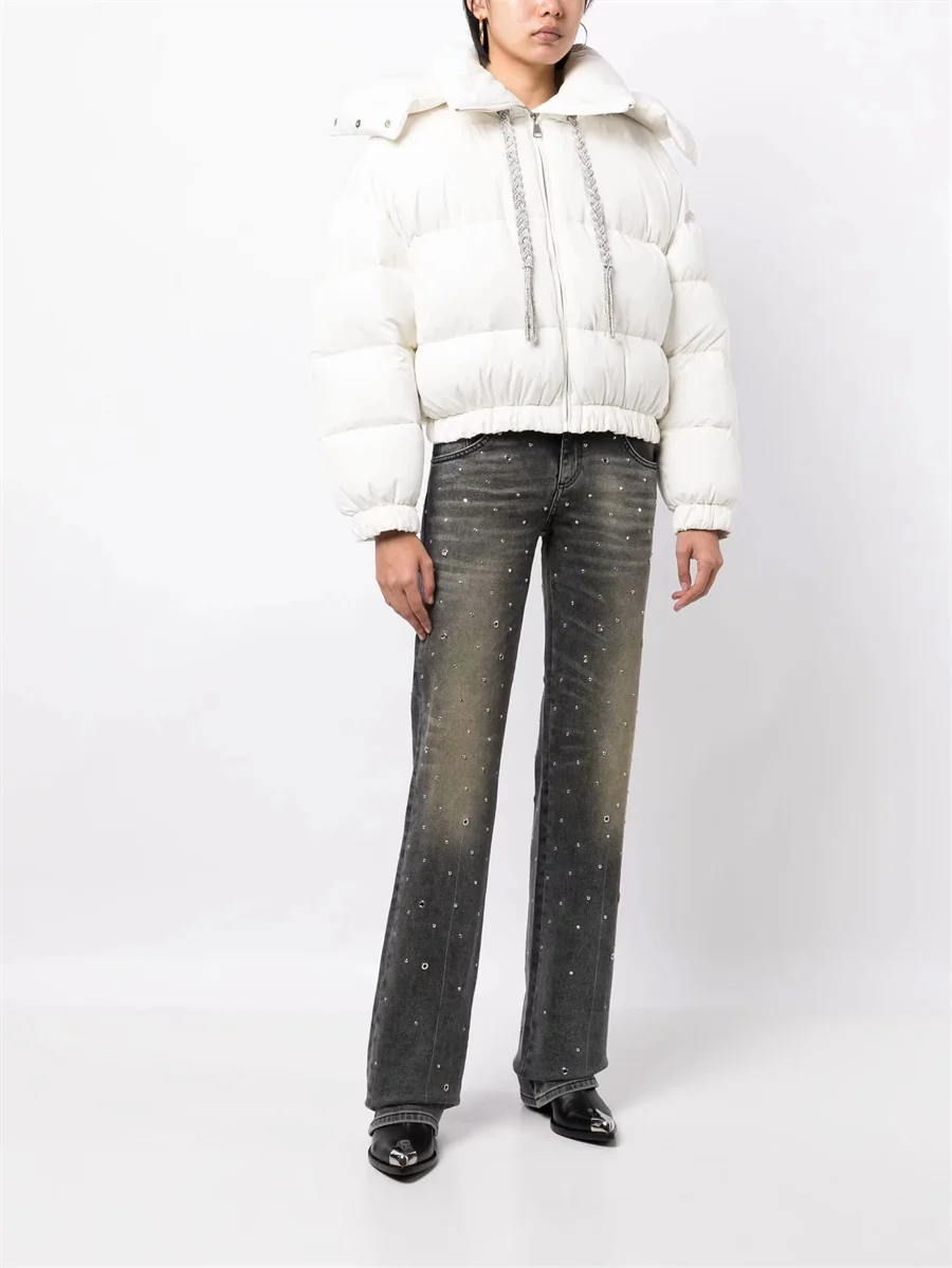 

Женское зимнее пальто 2023, Женское пальто на осень и зиму, корейская мода, украшение цепей, 100% пуховик, теплая куртка traf