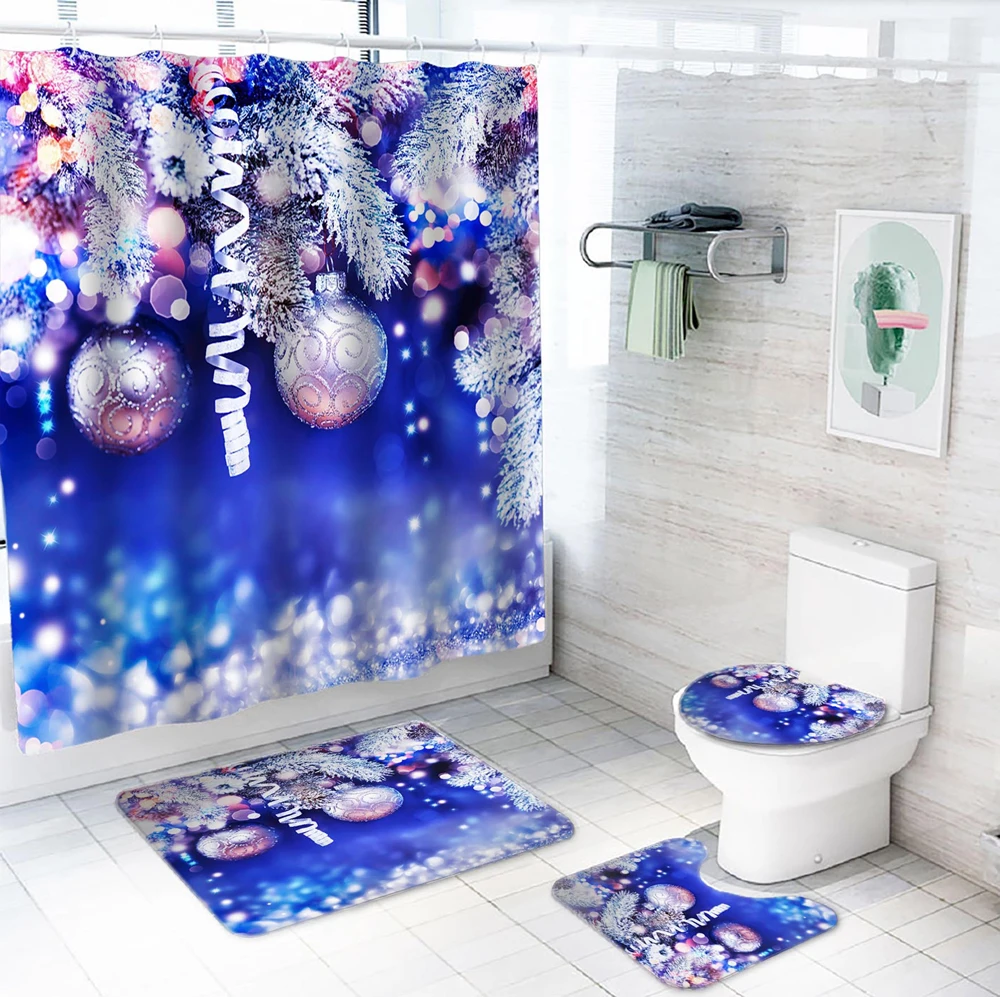 

Colorful Christmas Balls Shower Curtain Set Elk Xmas Snowflakes Elk Bathroom Decor Curtains Non-Slip Rugs Toilet Cover Bath Mat