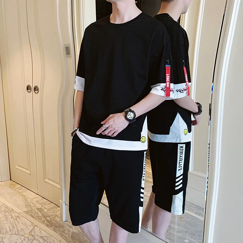 

Men 2023 Summer Set Fashion Tops Suit T-Shirt + Shorts Knee Length Pants Sportswear 2 Piece Sets Male Jogger Tracksuit