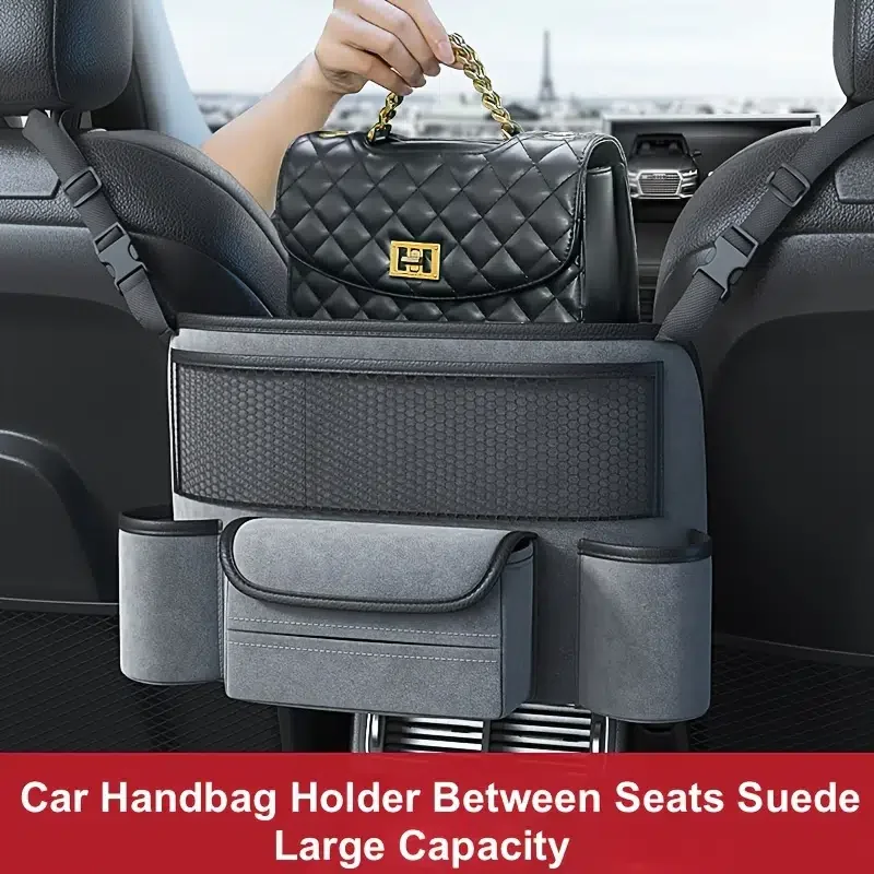 

Car Handbag Holder Between Seats, Suede Large Capacity Car Purse Holder Automotive Consoles & Organizers For Document Phone Stor