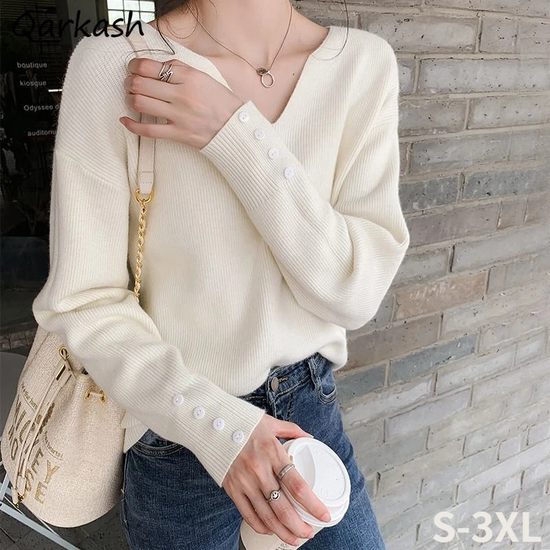 

Pullovers Women 7 Colors V-neck Elegant Vintage Feminino Autumn Solid Tender Knitwear Soft Basic Popular Ulzzang Ladies Leisure