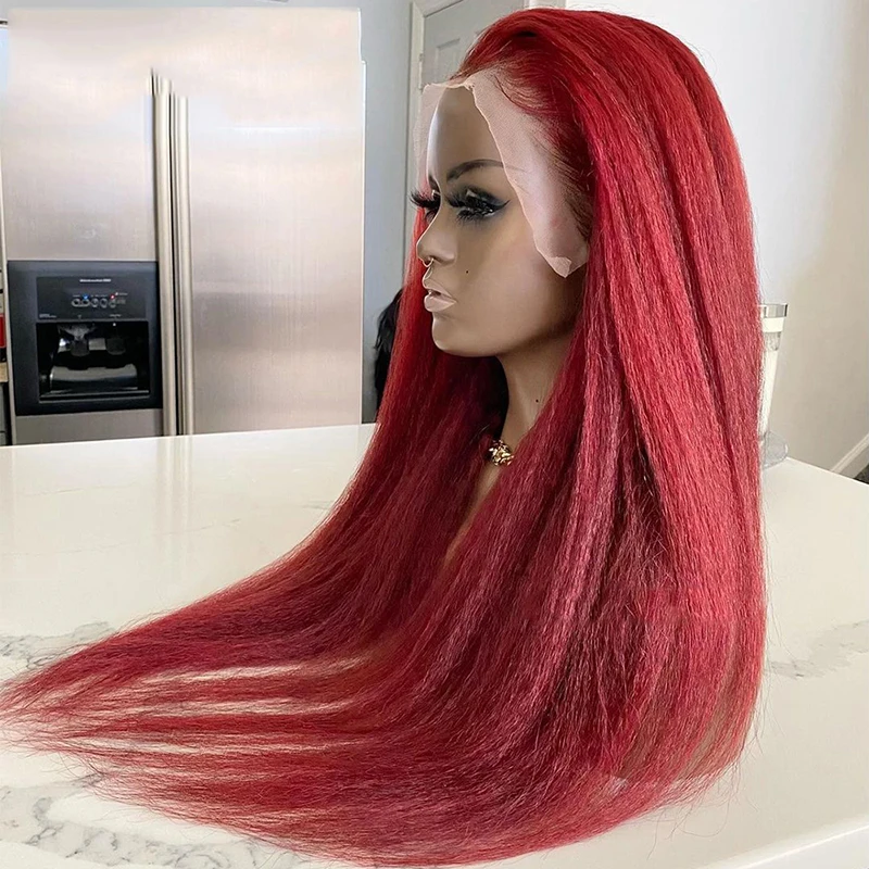 

Wine Red 180 Density Yaki Black 26 Inch Long Kinky Straight Lace Front Wig 99J color For Women Synthetic Baby hair Daily Wig