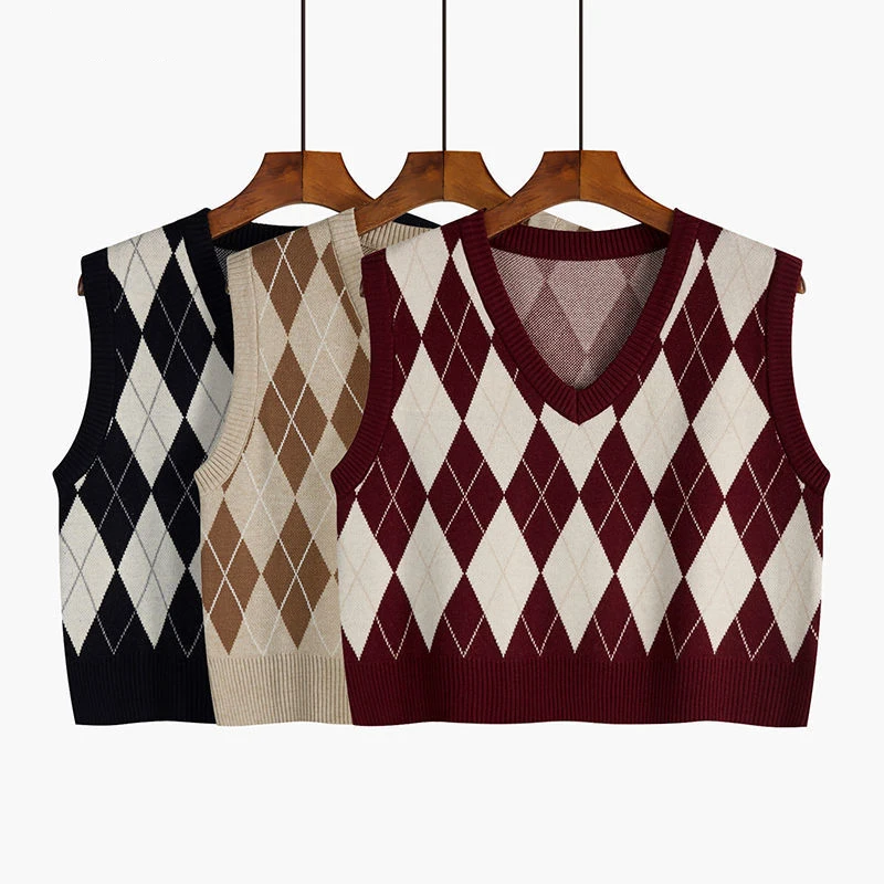 Sweater Knit Vest Women Retro All-match V-neck Cropped Sweaters Korean Style High Street Classic Loose Knitwears Vests Students