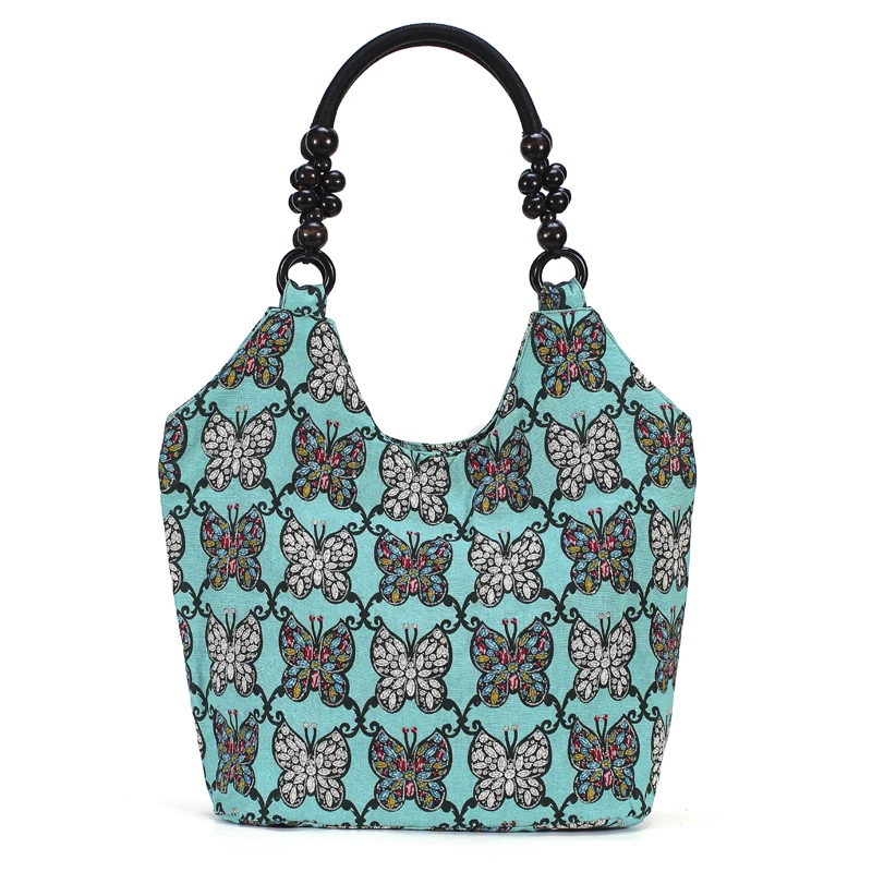 WR Large Capacity Women Handbag Fabric Hobo Bag Bohemian Style Tote Bag Butterfly  Bag Female Bucket Bag with Beads