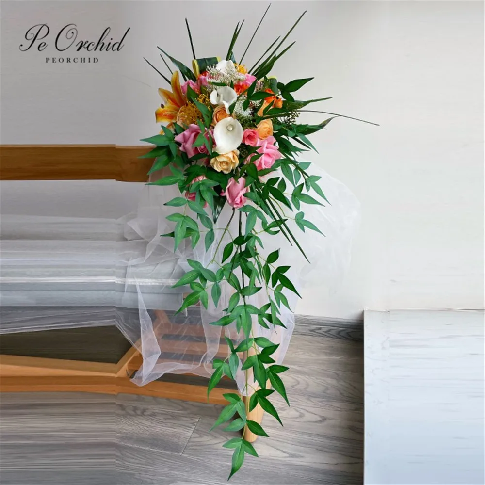 Фото PEORCHID Розовый Оранжевый Real Touch Свадебные цветы Cascada Букет De Mariee Roses Lily Ramls De Flores Novia Большой букет невесты №1