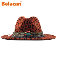 trend unisex flat brim wool felt jazz fedora hats women classic leopard grain tassel band decor trilby panama formal hat for men