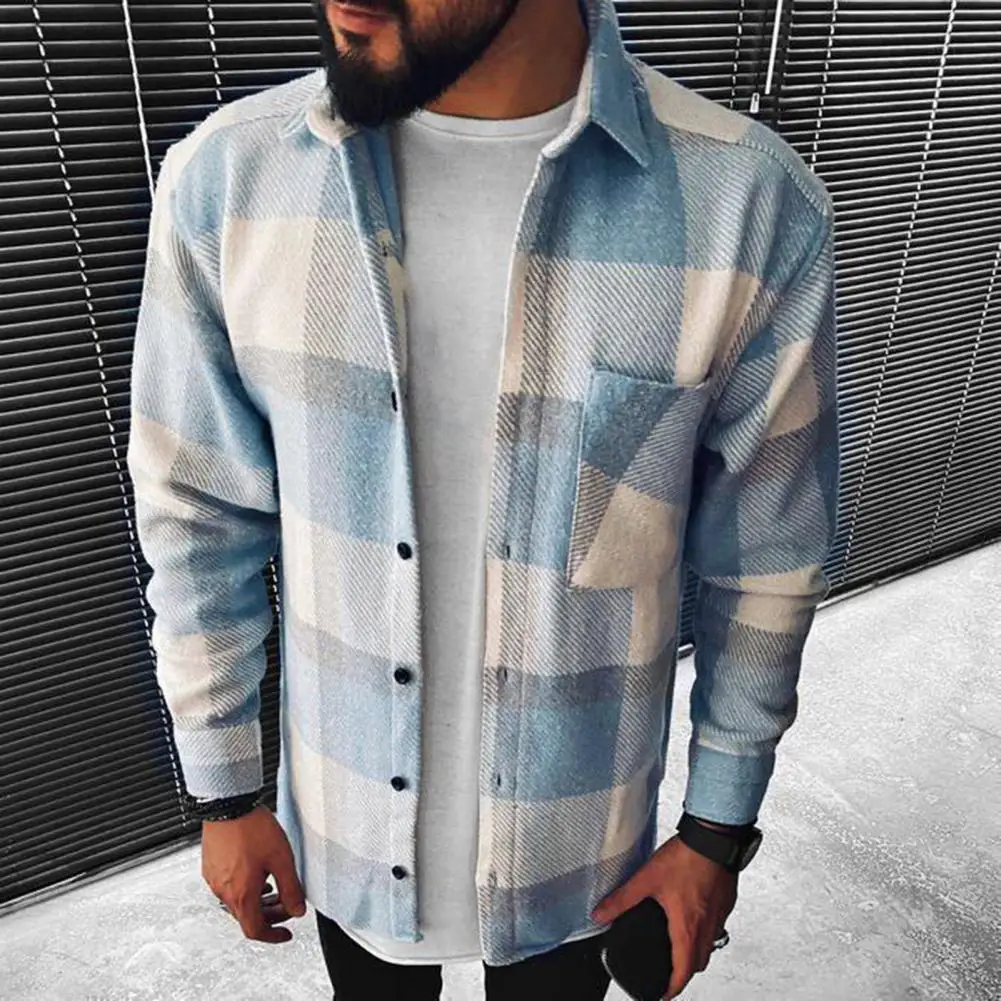 

Men Shirt Spring Coat Men Plaid Chic Turn-down Collar Long Sleeve Shirt