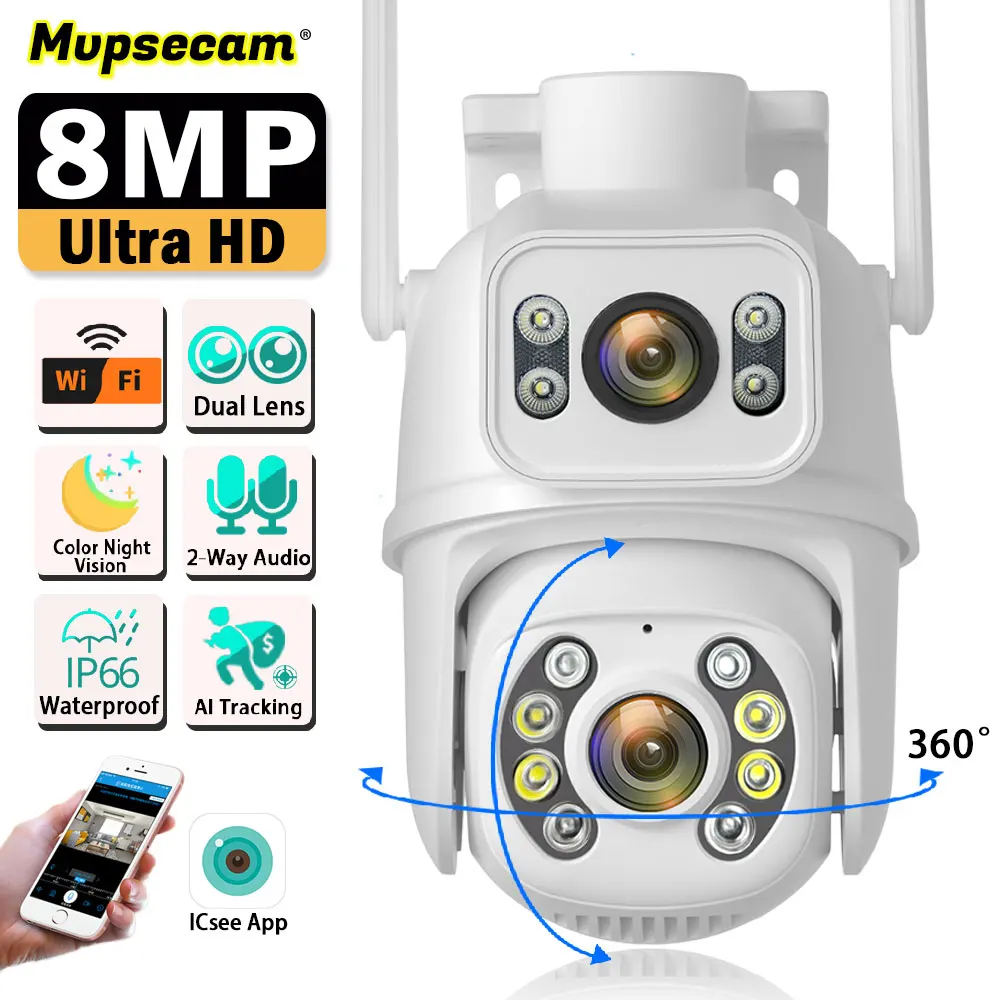 

ICSee Smart 8MP 4K Dual Lens WIFI Surveillance Camera Dual Screens Remote Access Color Night Vision PTZ HD Security CCTV Camera