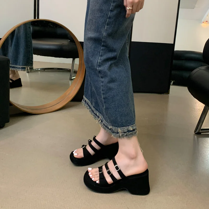 Женские шлепанцы на блочном каблуке синие джинсовые сандалии платформе летние