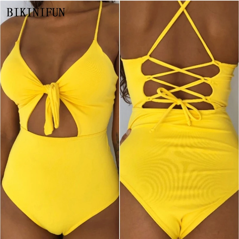 

Новинка, сексуальная однотонная пляжная одежда, женское монокини с бантом и вырезом на ключи, Женский цельный костюм на бретельках с цветоч...