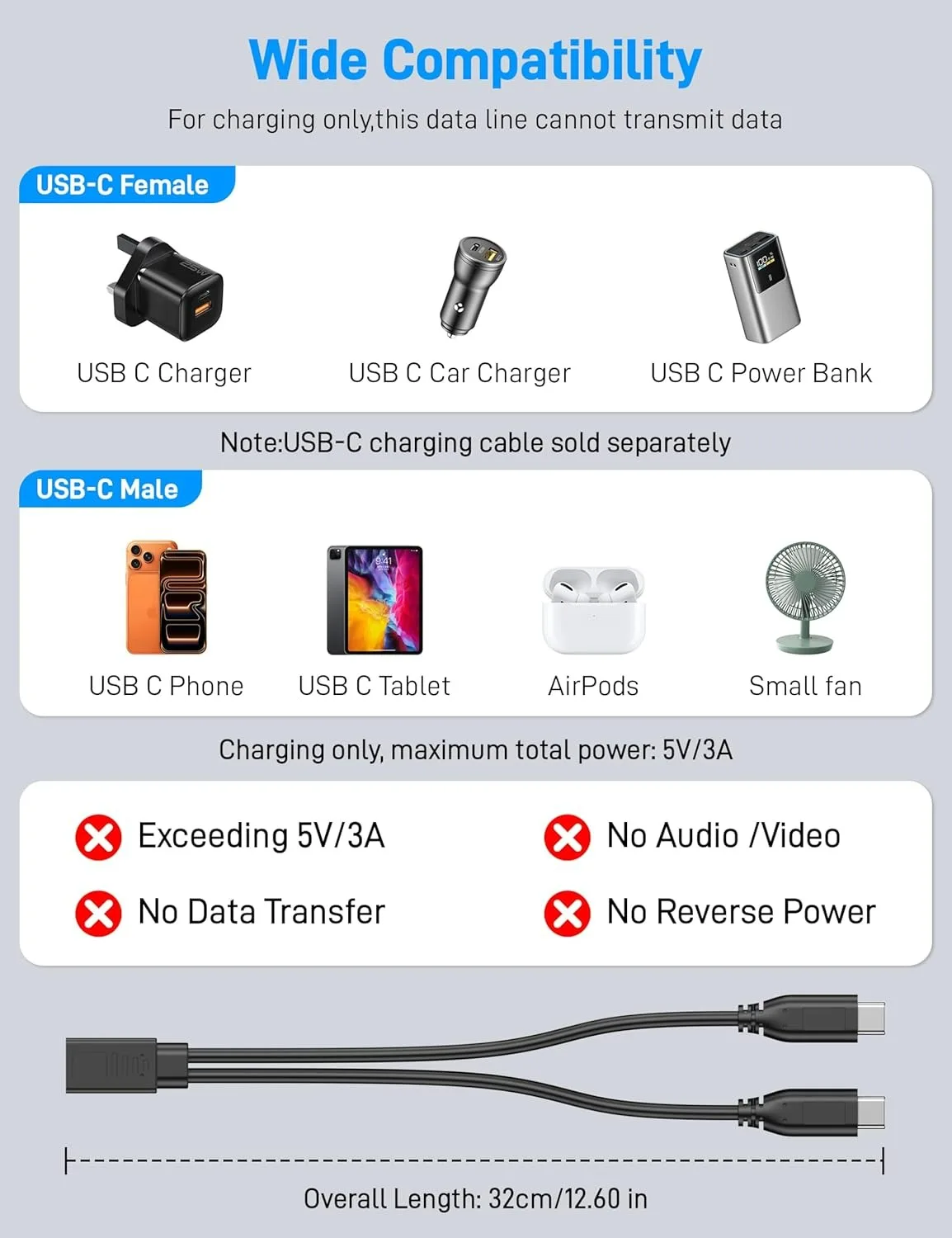 Фото Многопортовый кабель-разветвитель Type-C: USB-C (женский) на 1/2/3 Type-C (мужской), 3A, для зарядки (только для зарядки, без синхронизации данных) №5