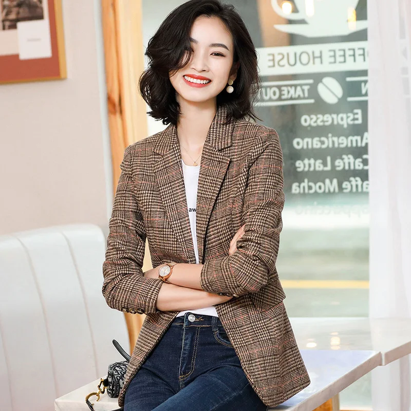 

Fashion Autumn Women Plaid Blazer Jackets Work Office Ladies Slim Fit Suit Coat Vintage Single Button Business Female Blazer
