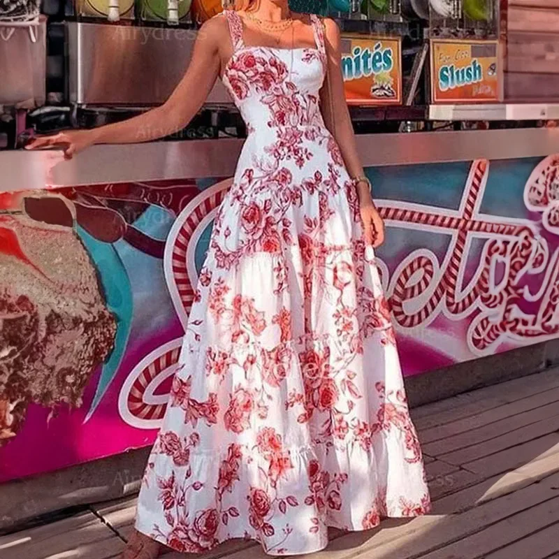 Платье женское длинное Облегающее с цветочным принтом и квадратным вырезом без