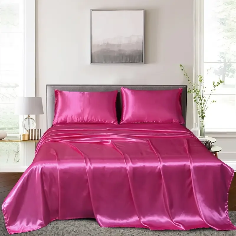 

Satin Fitted Sheet Set (1 Fitted Sheet + 1 Flat Sheet + 2 Pillowcase), Imitation Silk Bedding, Solid Color Blanket For Bedroom