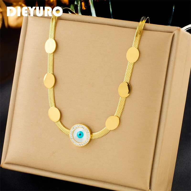 

DIEYURO 316L Stainless Steel Round Eyes Choker Necklace For Women Girl Fashion Waterproof Gold Color Chain Jewelry Gift Party