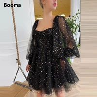 booma black starry tulle mini prom dresses long puff sleeves pleated short homecoming dresses above knee a line party dresses