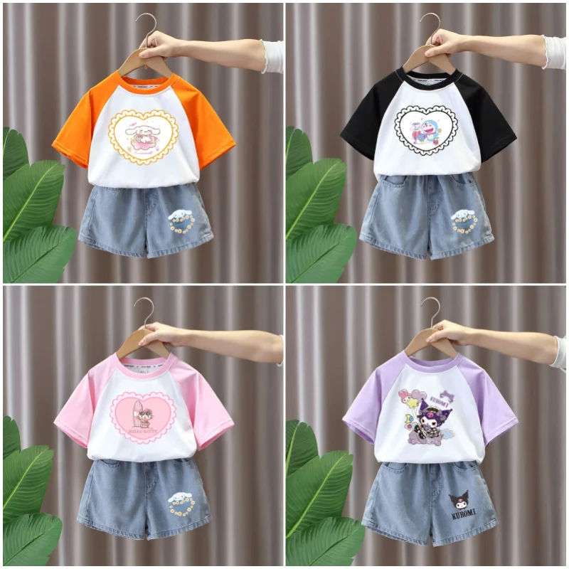 

Sanrios Cinnamoroll HelloKittys Kuromi детские джинсовые шорты с коротким рукавом мультяшная Милая летняя одежда для девочек футболка с коротким рукавом