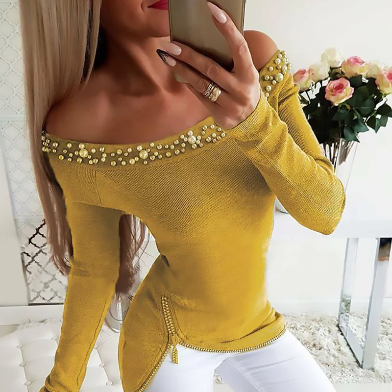 

S-3XL 2022 Spring and Autumn New Fashion Y2k Aesthetic Tops for Women Beading Going Out Comfy Fashion Boat Neck T-Shirts