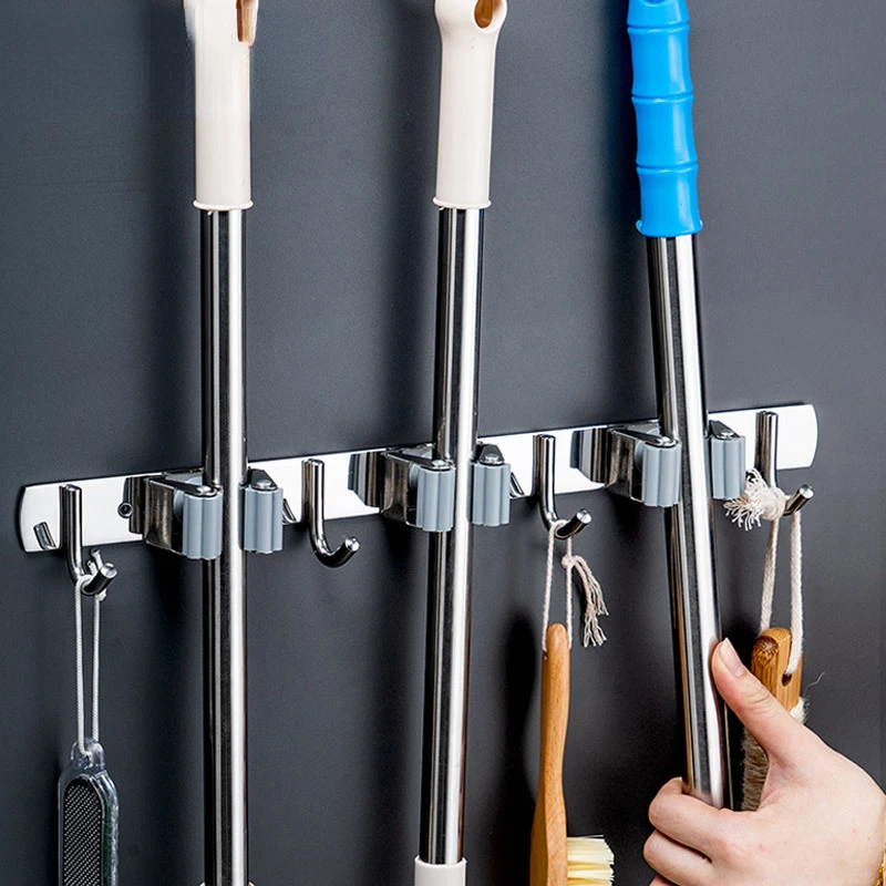 

Bathroom Mop Holder Wall Mount Broom Storage Hanger with Hook 304 Stainless Steel Mop Clip No Punching Bathroom Organizer Rack