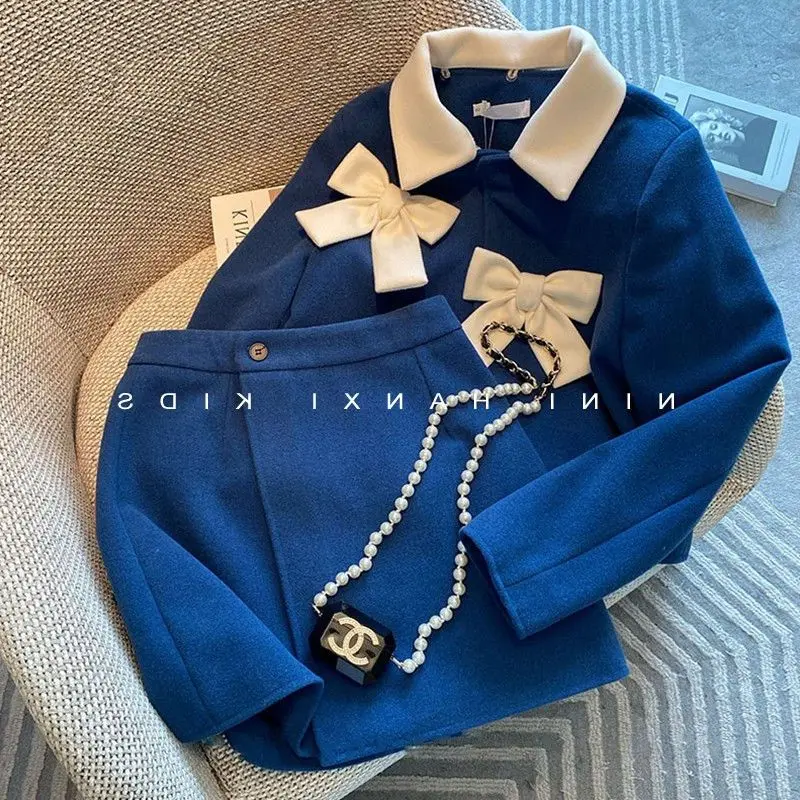 

2022 Girls Sets Outerwear Turn-down Collar Regular Length Skirts A-line Knee Length Solid Simple Elegant Sweet Autumn Kids Girls