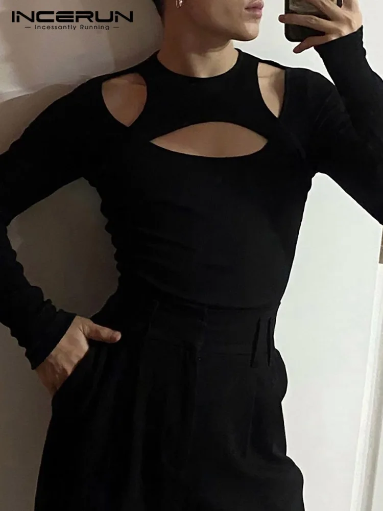 

Sexy Leisure New Men's Solid All-match Camiseta Hollow Design Fake Two-piece Male Fashion Long-sleeved Tops 2022 T-shirts S-5XL