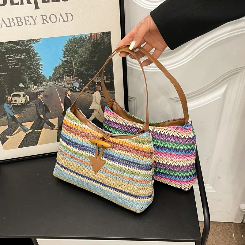 

Summer New Straw Braided One Shoulder Underarm Bag Women's Rainbow Stripe Single Shoulder Bag Bohemian Style Hand Carry Bags