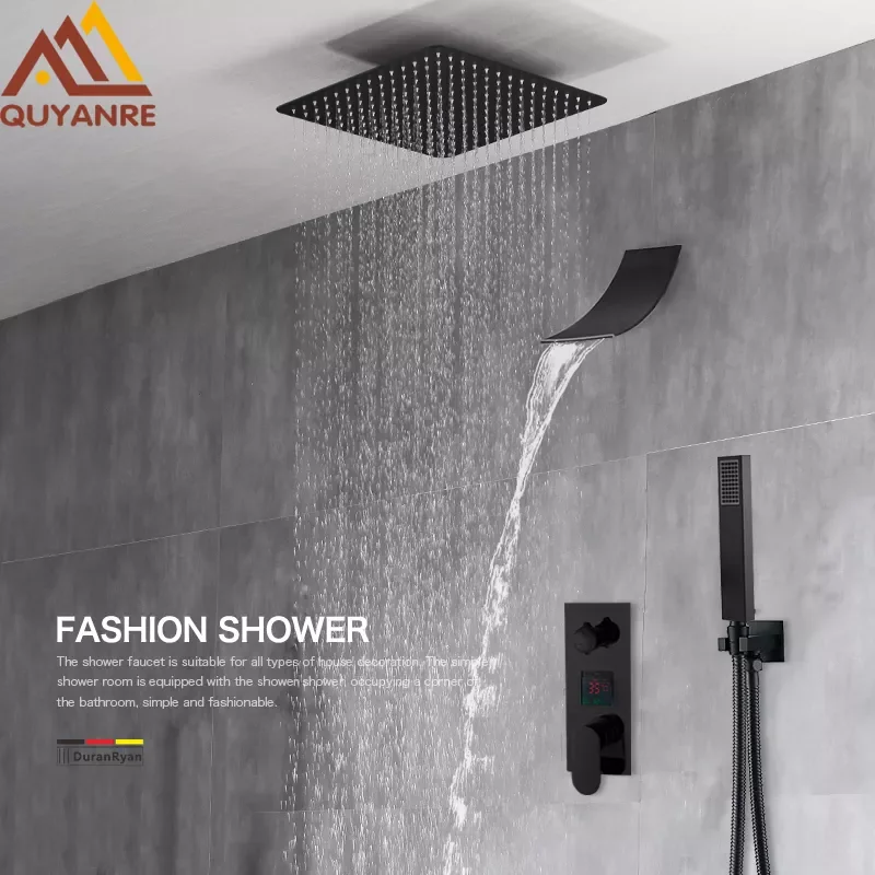 

Matte Black Rainfall Waterfall Shower Faucets Kit LCD Digital Display Shower System Set Bathroom 2/3 Way Shower Mixer Taps