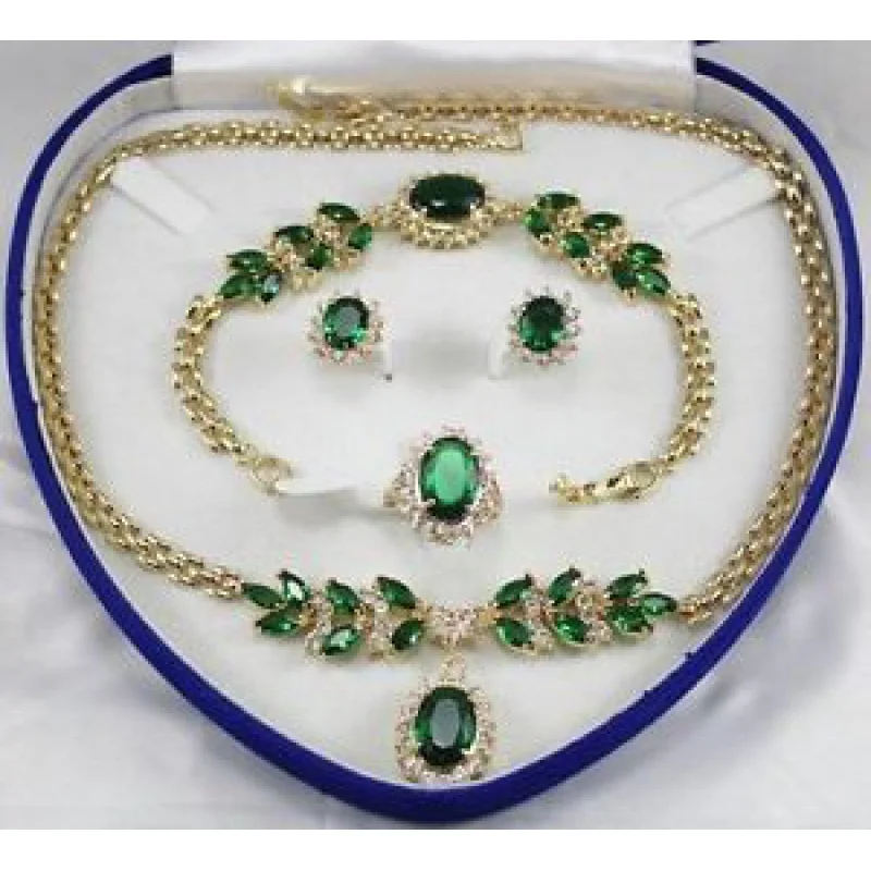 

Women's jewelry Green Crystal Gem yellow gold plated Earring Bracelet Necklace Ring Set