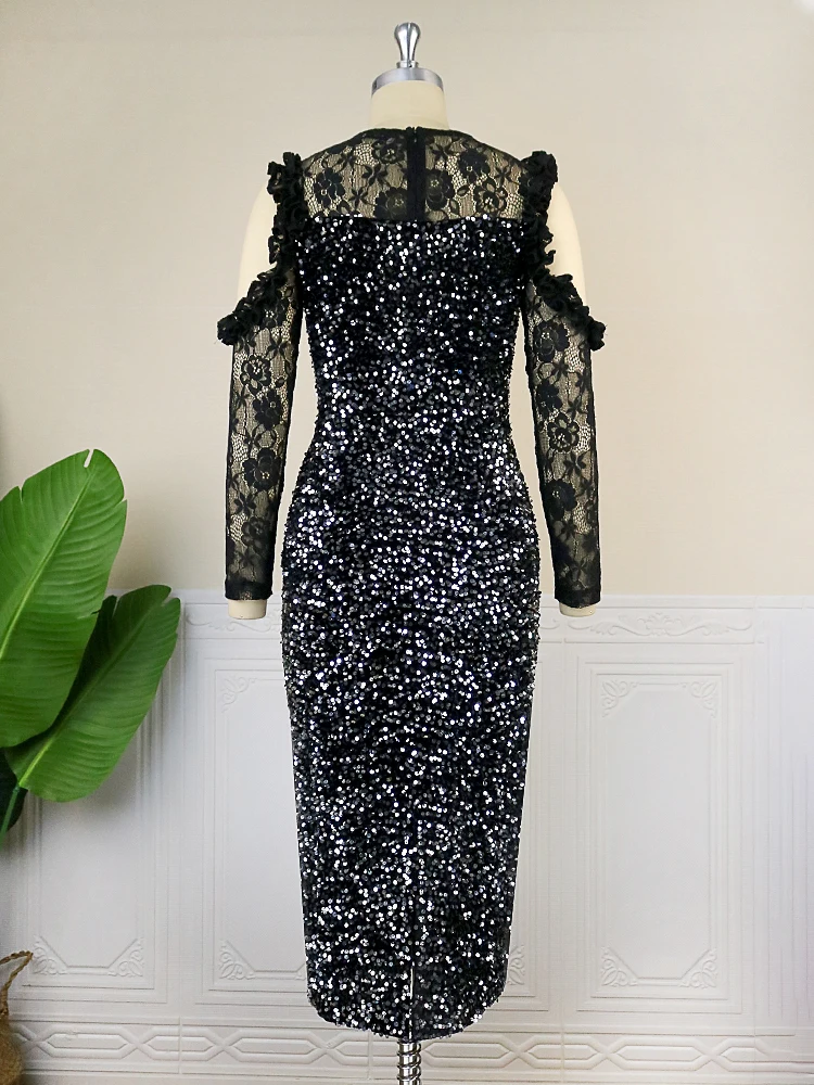 Black Sequins Dresses Plus Size Cold Shoulder O Neck Lace Patchwork Long Sleeve Sequined High Waist Party Glitter Outfits 4XL