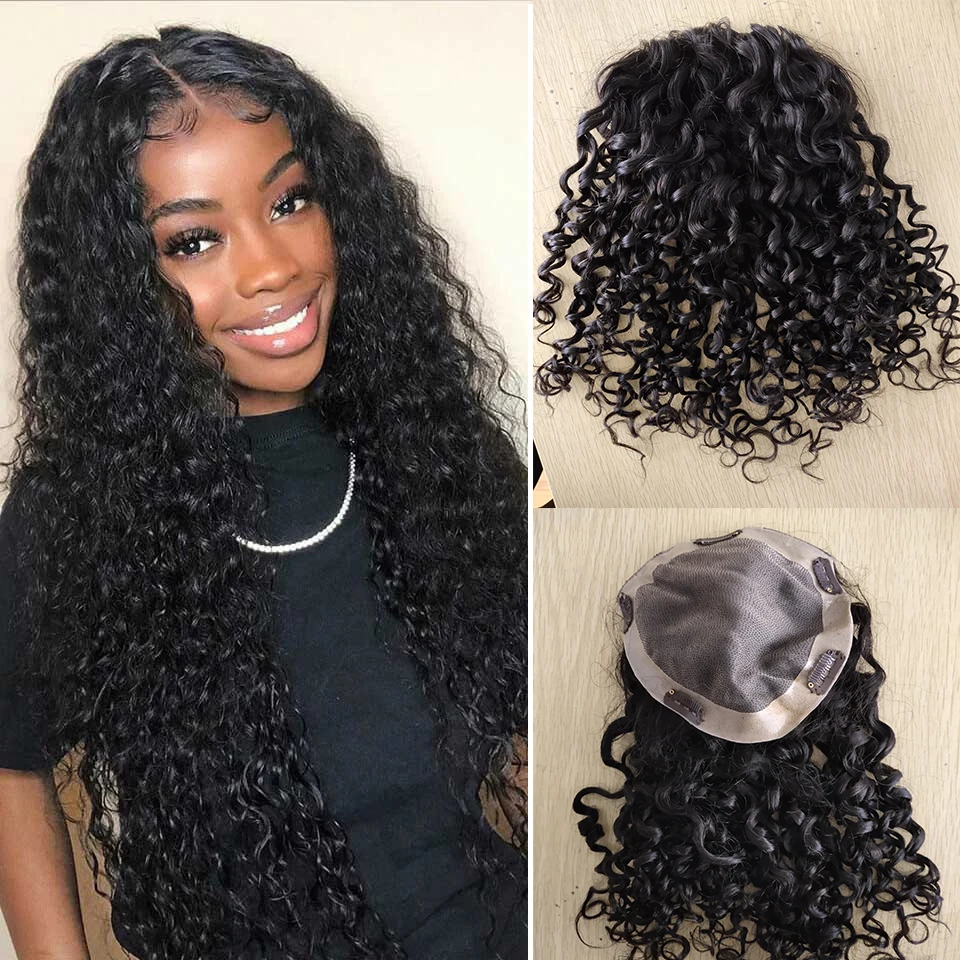 Jet Black Human Hair Topper Clip in Perimeter Curly Silk Top Human Hair Pieces for Women Brazilian Breathable Skin Base Closure