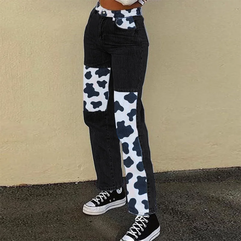 Vintage Milk Cow Print Patchwork Jeans 2023 Spring Women Stripe Straight Style 90s Denim Pants Grunge Fashion Casual Streetwear