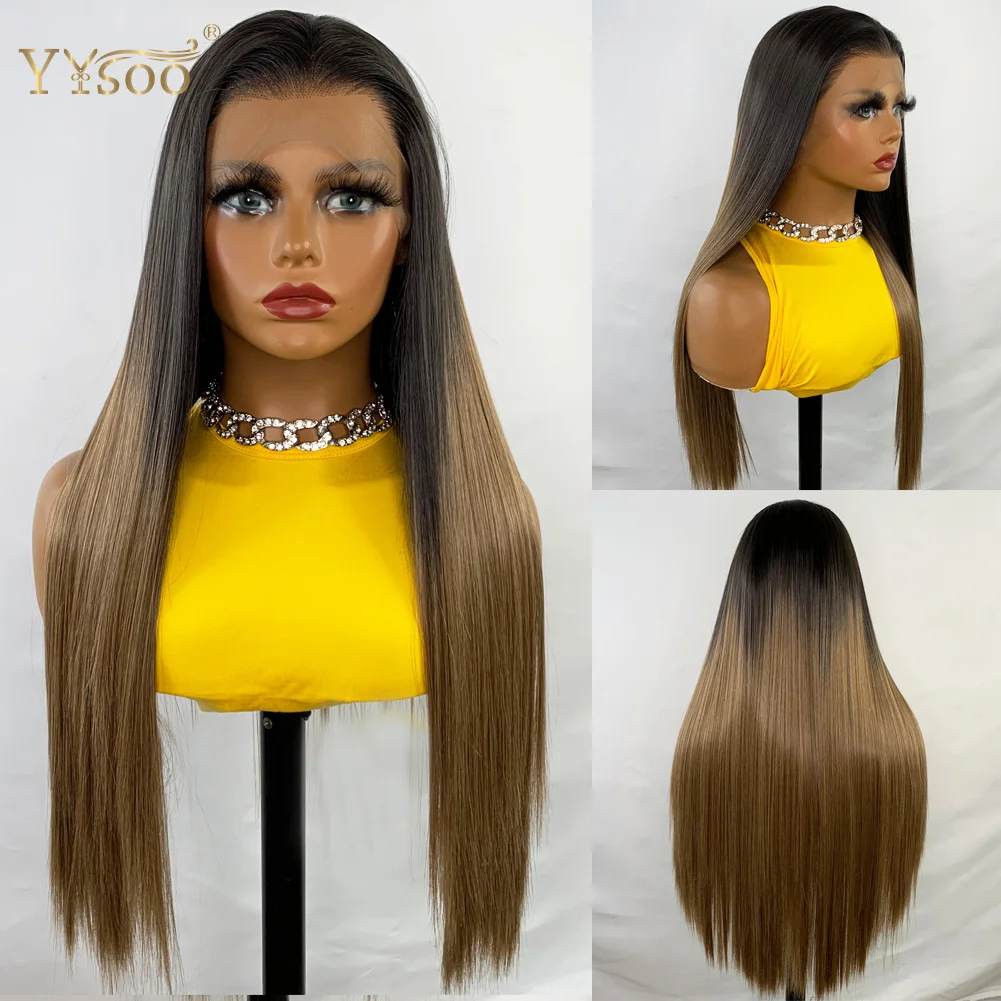 YYsoo Long Ombre Brown 13x4 Glueless Synthetic Lace Front Wigs for Women Dark Roots Straight Futura Heat Resistant Blonde Wig