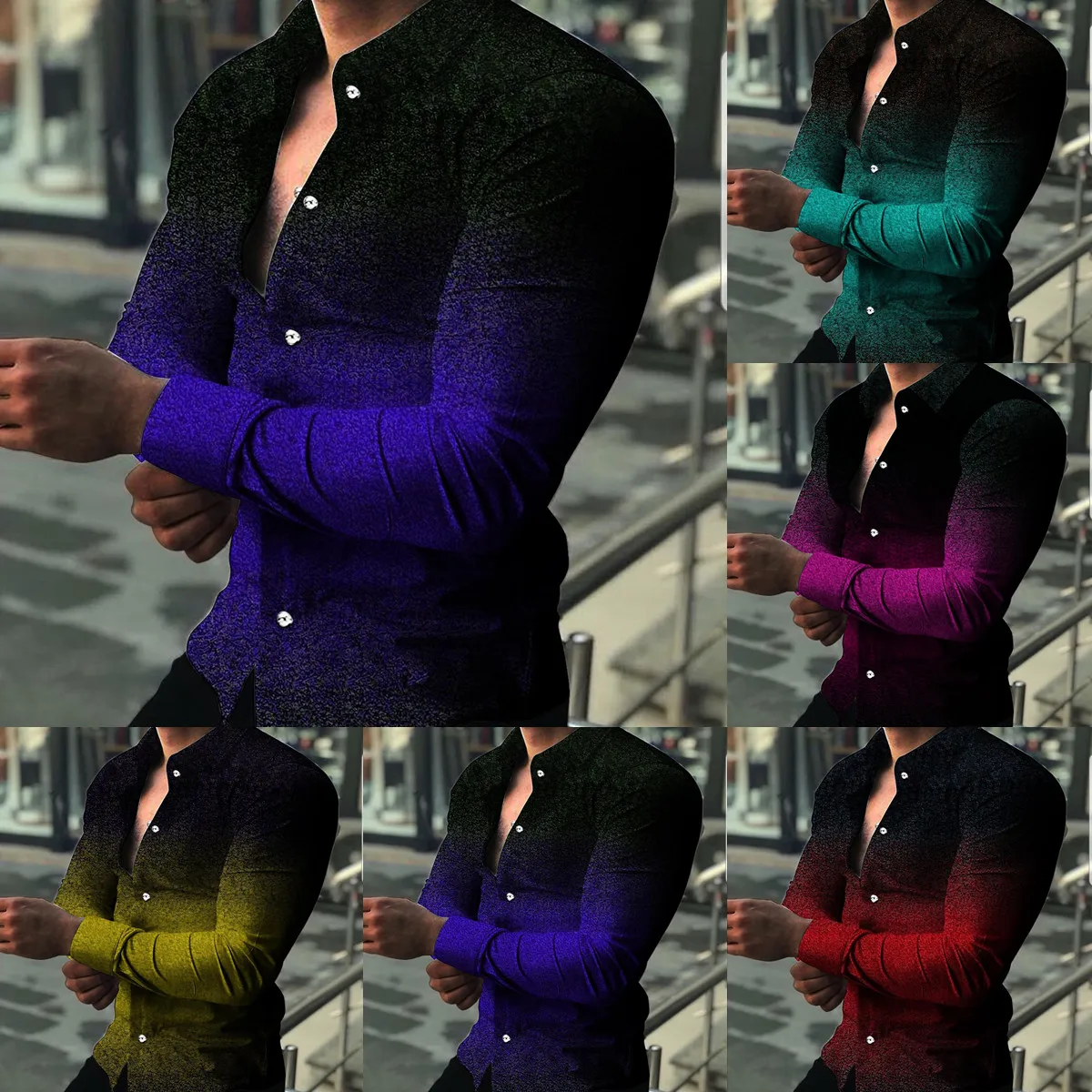 Fashion New Men's Evening Dress Shirt Gradient Color Printed Dance Top Polyester Lapel Button Four Seasons Can Wear Men 2023-16