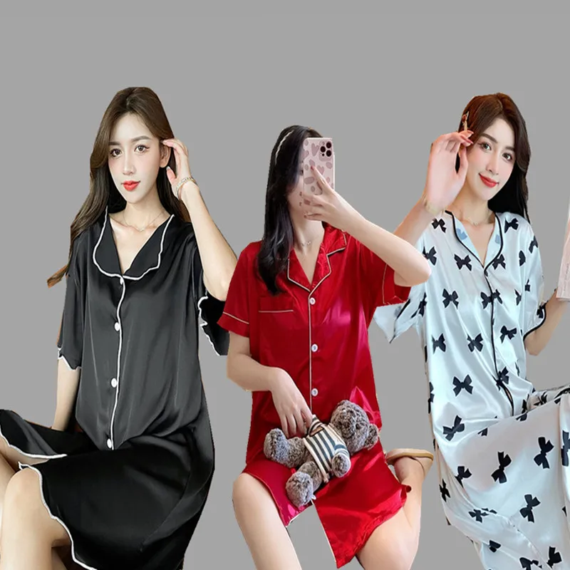 Ночная рубашка Женская атласная с коротким рукавом тонкая сорочка из шелка