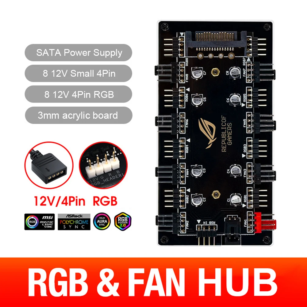 

12V 4pin RGB PWM Hub PC Speed Controller Adapter Dimming Temperature Control for ASUS/MSI/GIGABYTE/ASRock Motherboards