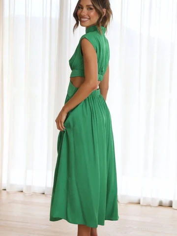 Women Elegant Maxi Dresses 2023 Summer Fashion Casual Solid Sleeveless Backless Dress Female Sexy Hollow Out Pleated Long Dress