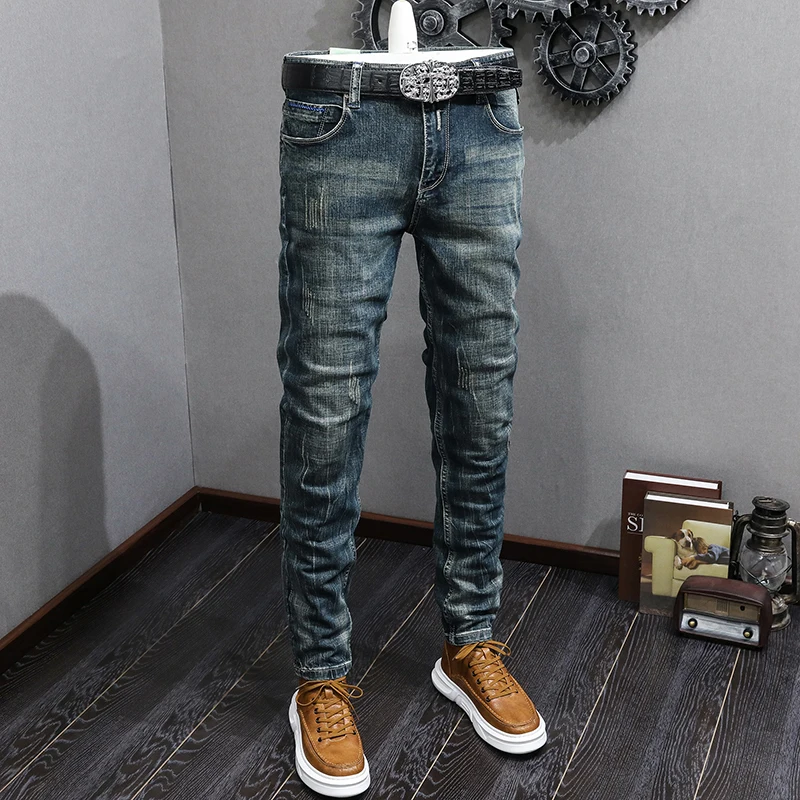 Fashion Designer Men Jeans High Quality Retro Blue Elastic Slim Fit Ripped Jeans Men Vintage Trousers Casual Denim Pants Hombre