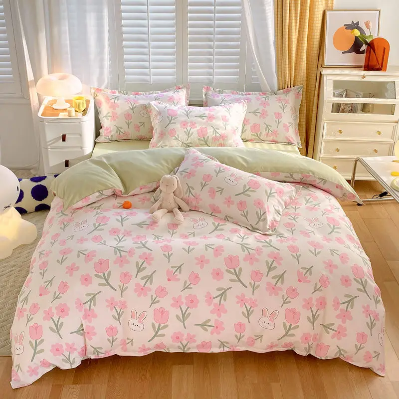 

Комплект постельного белья Ins с розовыми цветами, плоская простыня, наволочка, двуспальный комплект, Королевский размер, пододеяльник для взрослых и детей