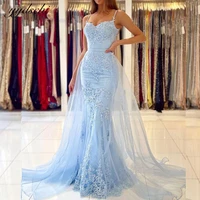 light blue spaghetti straps mermaid formal evening dresses lace appliques floor length party guest prom gowns detachable train