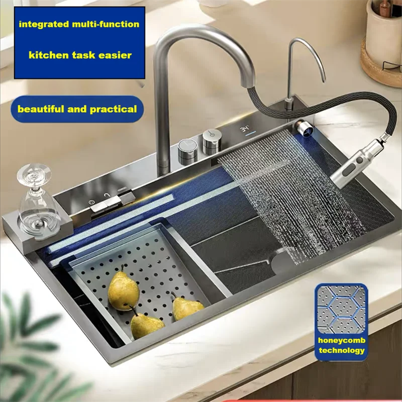 

Honeycomb Technology Integrated Large Single Slot Digital Display 304 Stainless Steel Kitchen Sink With Waterfall Faucet